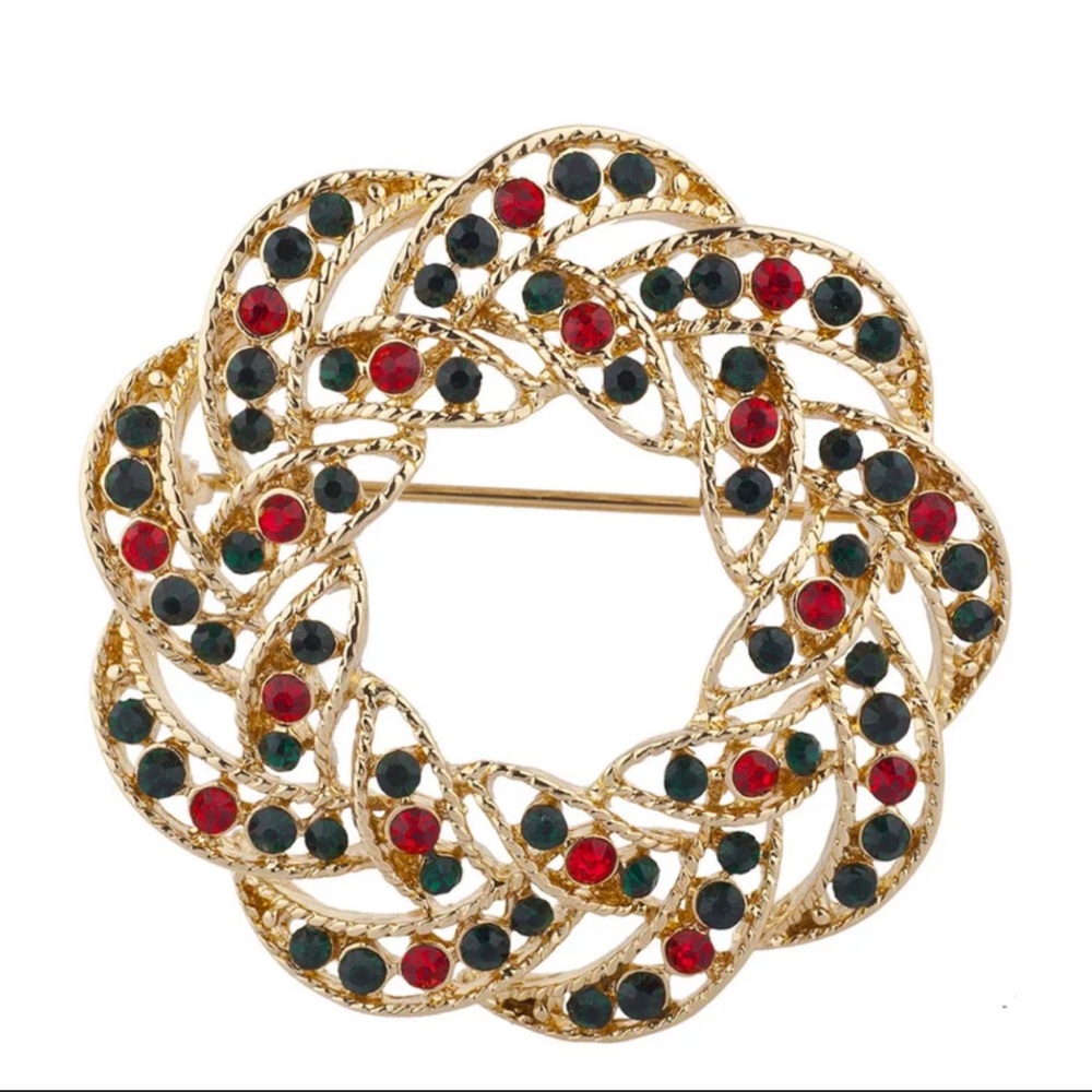 Gold Tone Green Red Rhinestones Wreath Christmas Xmas Brooch Pin